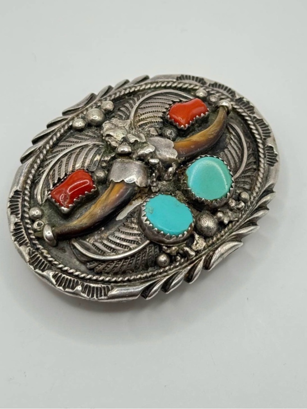 Navajo Sterling Silver buckle Turquoise & corail Signed BS
